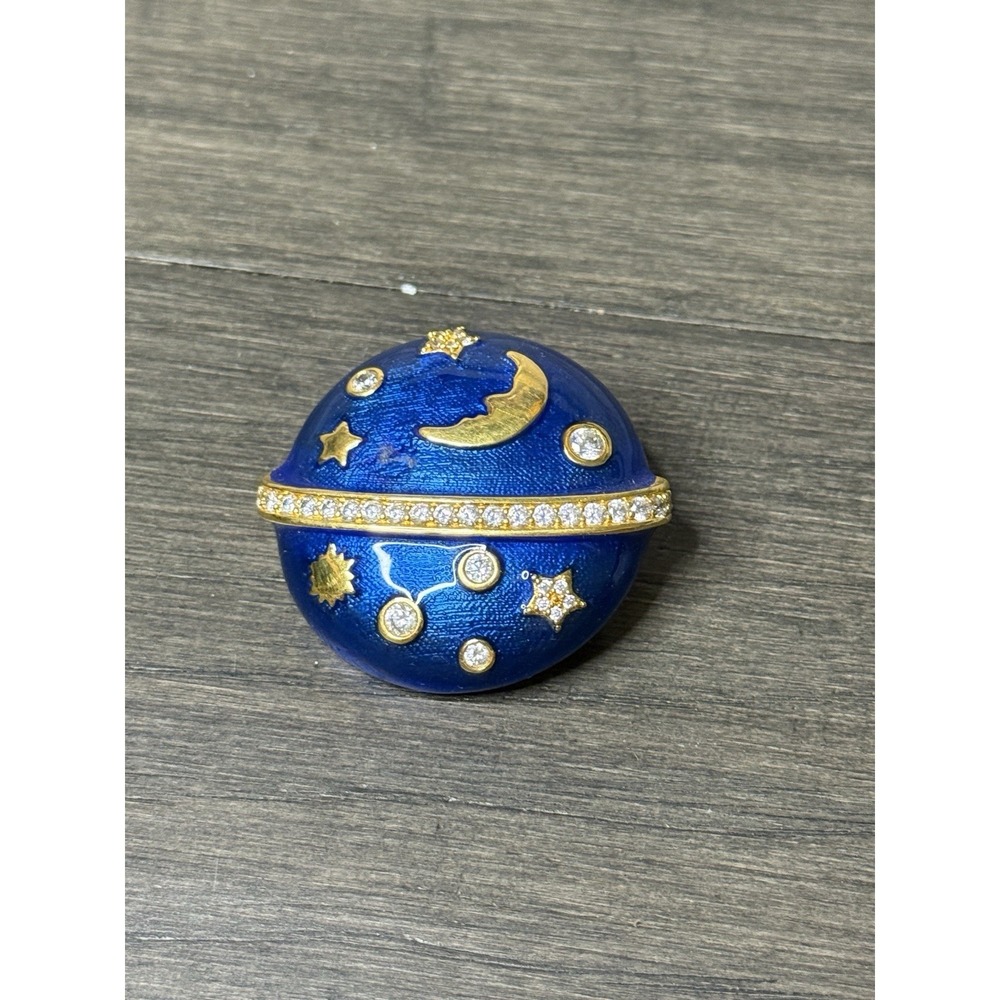 Crystal Blue Celestial Moon & Stars Gold Tone Brooch Pendant Vintage